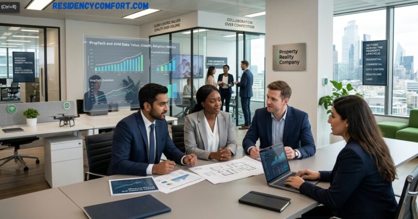 Property Reality Company team discussing real estate, property market data, and investment strategies in a modern office.