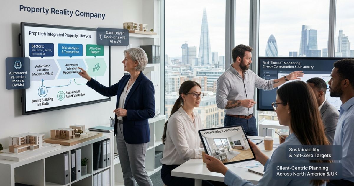 Property Reality Company team discussing PropTech, property valuation, real-time data, and sustainable real estate solutions in a modern office.