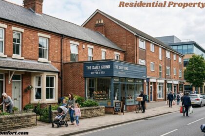 Residential property with red-brick homes, a café, pedestrians, and a street in a modern town setting.