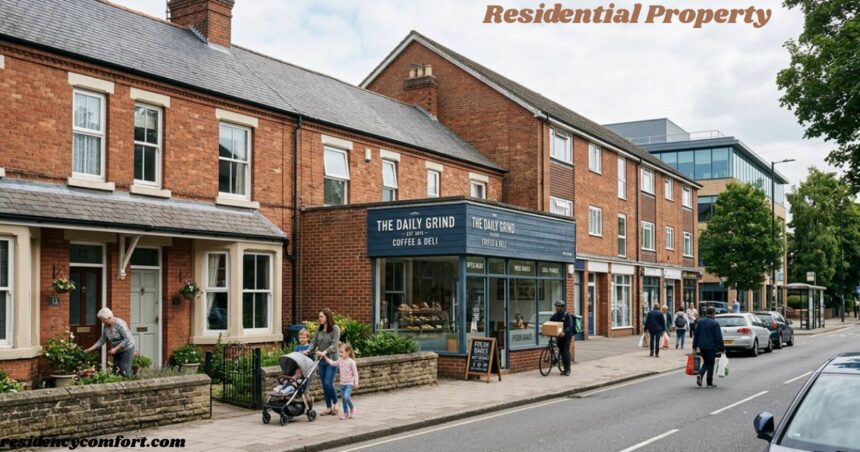 Residential property with red-brick homes, a café, pedestrians, and a street in a modern town setting.