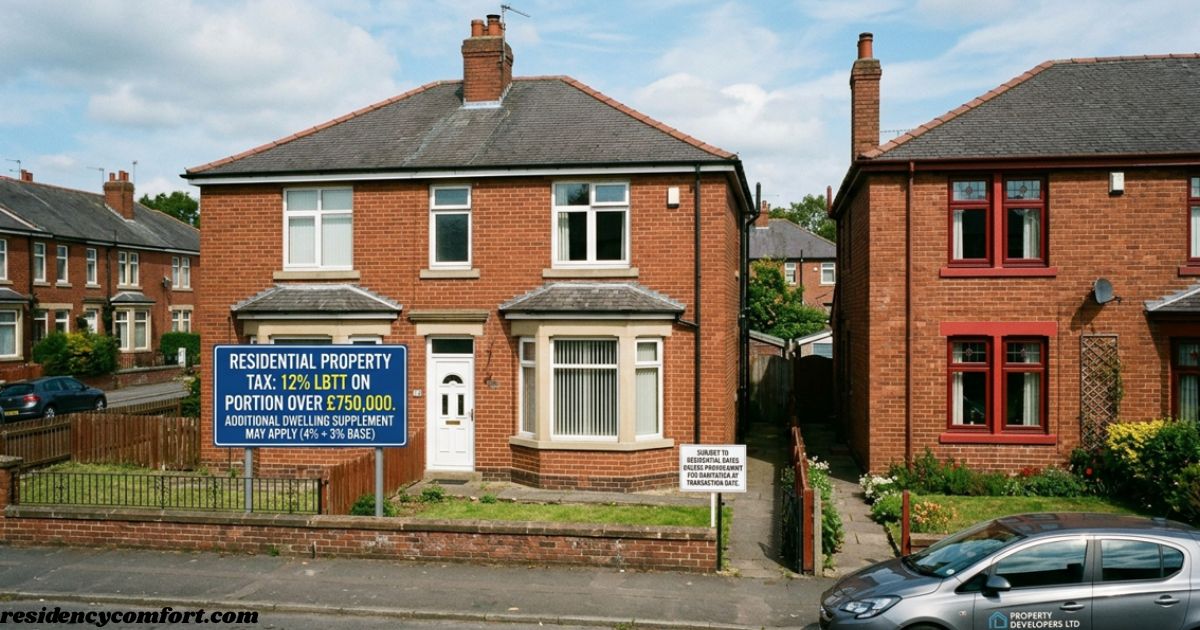 Red-brick residential property houses with front gardens, a property tax sign, and a parked car on a suburban street.