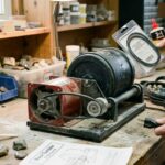 Rock tumbler polishing rocks and stones on a workshop table with grit containers and supplies.