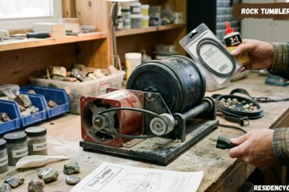 Rock tumbler polishing rocks and stones on a workshop table with grit containers and supplies.