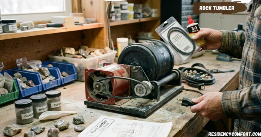 Rock tumbler polishing rocks and stones on a workshop table with grit containers and supplies.