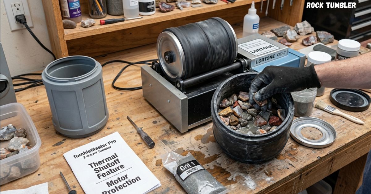 Rock tumbler machine spinning a barrel of colorful rocks on a workshop table with rock polishing grit and supplies.