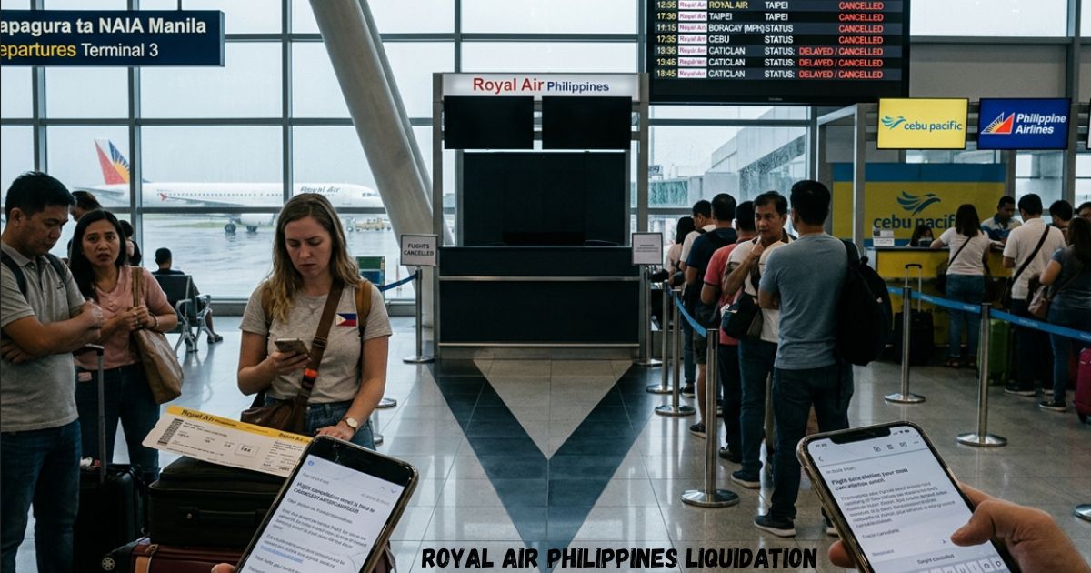 Royal Air Philippines liquidation scene at NAIA Manila Terminal 3, with passengers, cancelled flight displays, and the airline’s empty check-in counter.