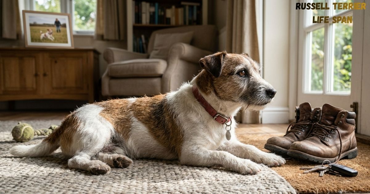 Russell Terrier lying on a rug in a cozy living room beside hiking boots, with “Russell Terrier Life Span” text in the corner.