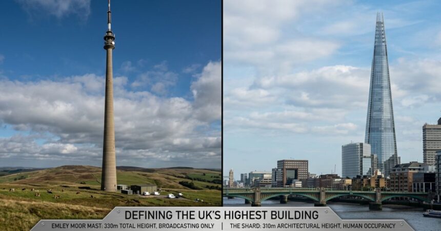 Comparison of the UK’s tallest structures, showing Emley Moor Mast and The Shard with their heights and uses.