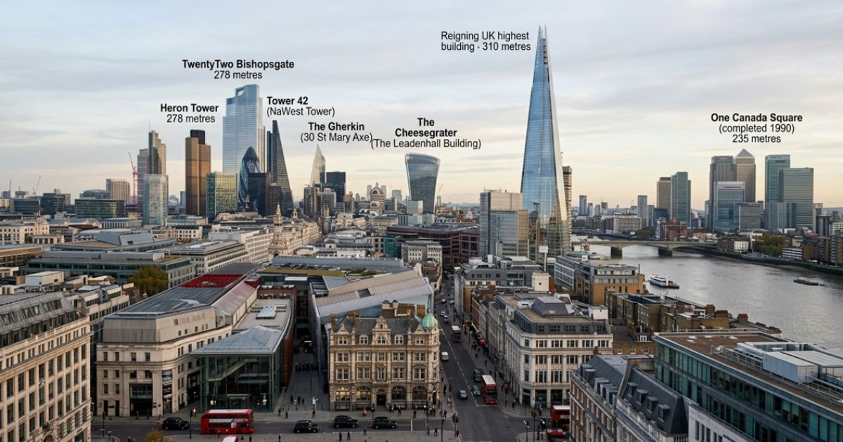 London skyline featuring The Shard and other prominent UK high-rise buildings, including TwentyTwo Bishopsgate, The Gherkin, and One Canada Square.