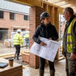 Construction professionals reviewing building plans at a UK property development site.
