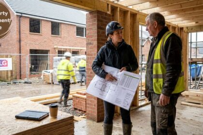 Construction professionals reviewing building plans at a UK property development site.