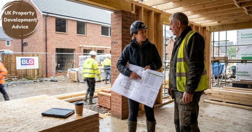 Construction professionals reviewing building plans at a UK property development site.