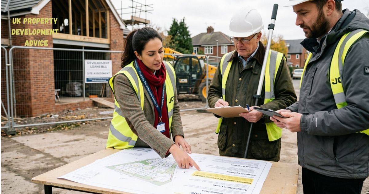 Property development professionals reviewing building plans at a UK construction site.