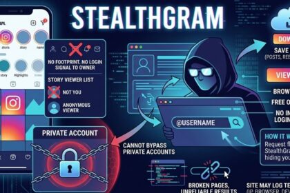 Stealthgram anonymous Instagram viewer interface showing story viewing, content downloads, private account restrictions, and browser-based privacy features.
