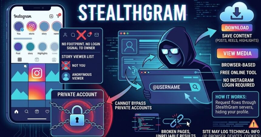 Stealthgram anonymous Instagram viewer interface showing story viewing, content downloads, private account restrictions, and browser-based privacy features.