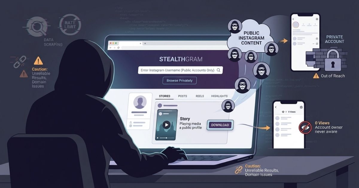 Stealthgram interface showing anonymous Instagram browsing, public content viewing, and privacy warnings.