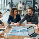 A diverse team discussing workplace risk assessment around a conference table, with safety documents, a laptop, hard hat, and notes visible.