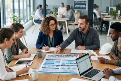 A diverse team discussing workplace risk assessment around a conference table, with safety documents, a laptop, hard hat, and notes visible.