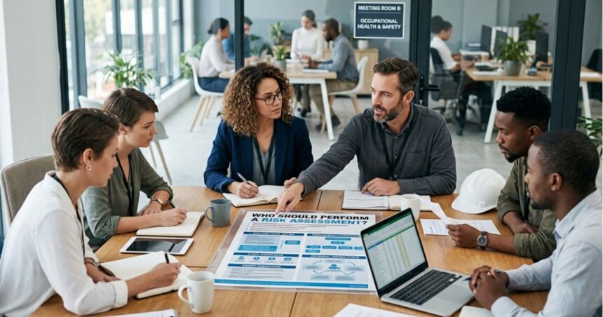A diverse team discussing workplace risk assessment around a conference table, with safety documents, a laptop, hard hat, and notes visible.