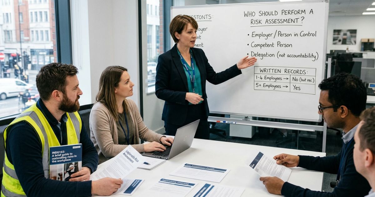 A workplace safety training session where an instructor explains who should perform a risk assessment to employees, with a whiteboard, safety documents, and laptop visible.