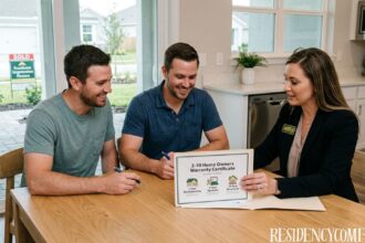 2-10 home owners warranty certificate being discussed with new homeowners at a kitchen table.