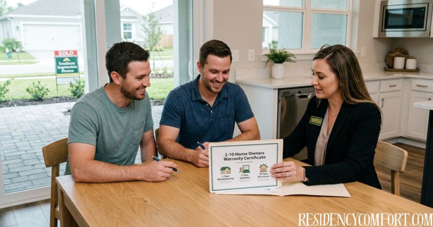 2-10 home owners warranty certificate being discussed with new homeowners at a kitchen table.