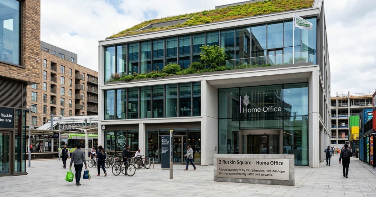 Modern 2 Ruskin Square Home Office building with a green roof, glass facade, pedestrians, and bicycles.