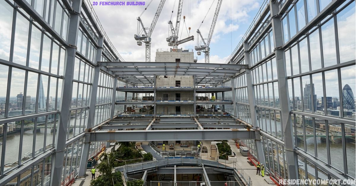 20 Fenchurch Building construction site showing steel framework, cranes, glass walls, and London skyline views.
