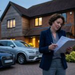 Property professional inspecting a house exterior with a clipboard, parked cars, and a sign indicating a second charge on property.