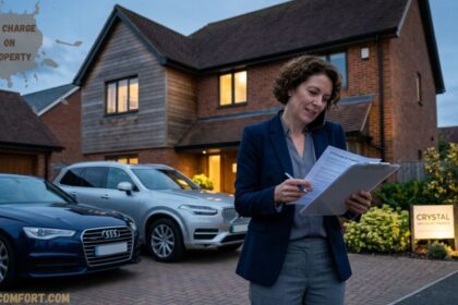 Property professional inspecting a house exterior with a clipboard, parked cars, and a sign indicating a second charge on property.