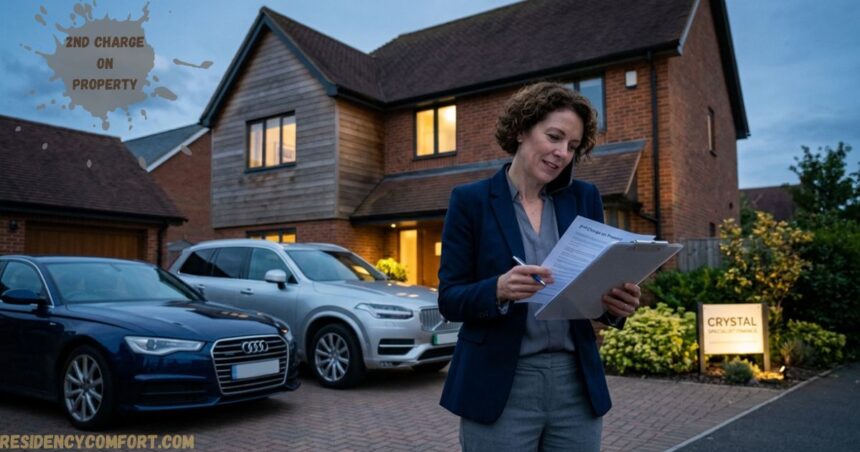 Property professional inspecting a house exterior with a clipboard, parked cars, and a sign indicating a second charge on property.