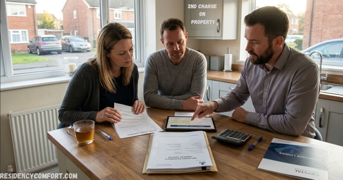 2nd Charge on Property consultation with a couple reviewing property finance documents and a tablet with a financial adviser.