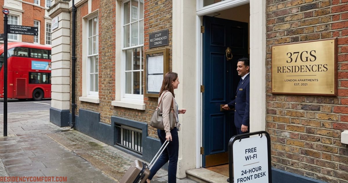 37GS Residences London Apartments entrance with a staff member welcoming a guest, a luggage-carrying visitor, and a red double-decker bus passing nearby.