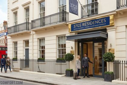 37GS Residence serviced apartments exterior on a London street, featuring white Georgian-style architecture, balconies, a welcoming entrance, and nearby pedestrians and a red double-decker bus.