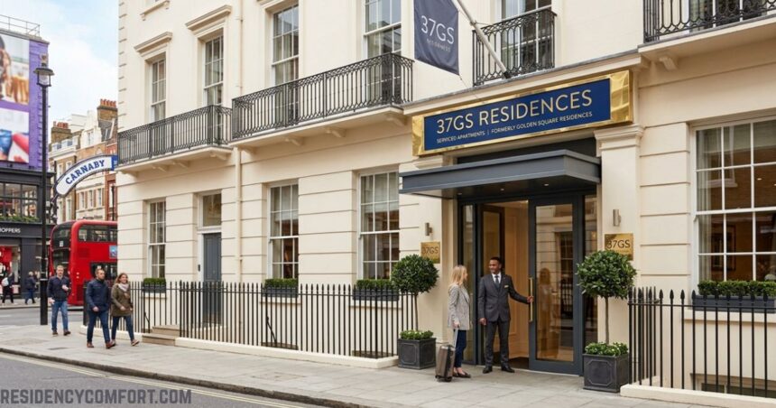 37GS Residence serviced apartments exterior on a London street, featuring white Georgian-style architecture, balconies, a welcoming entrance, and nearby pedestrians and a red double-decker bus.