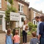 A real estate agent gesturing toward a suburban brick house next to a "4 bedroom house for rent" sign while speaking to a family.