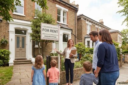 A real estate agent gesturing toward a suburban brick house next to a "4 bedroom house for rent" sign while speaking to a family.