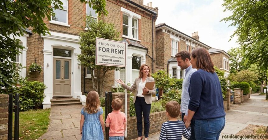 A real estate agent gesturing toward a suburban brick house next to a "4 bedroom house for rent" sign while speaking to a family.