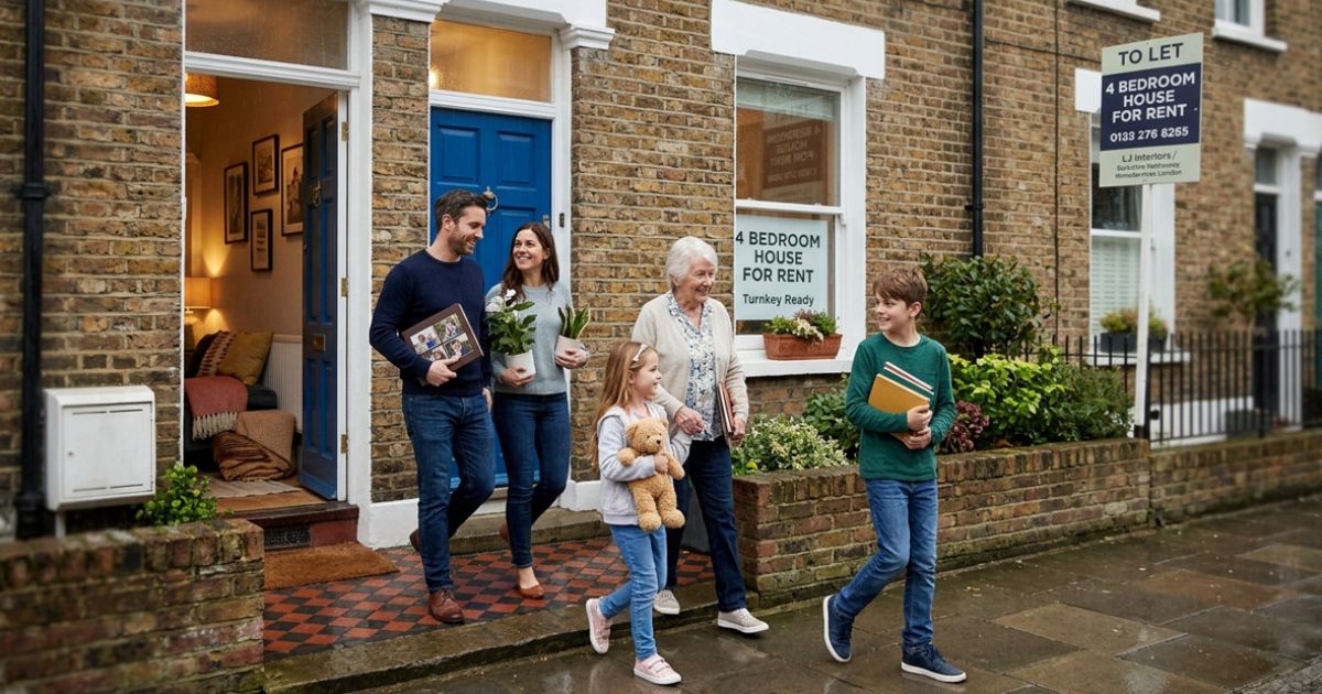 A family with children and a grandmother walking outside their new brick home next to a "4 bedroom house for rent" sign.