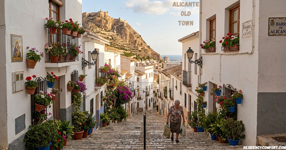 Alicante Old Town street with flower-filled white houses, stone steps, and Santa Bárbara Castle in the background.