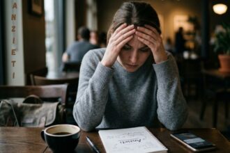 Woman sitting alone in a café with her hands on her head, appearing stressed while looking at a notebook and smartphone beside a cup of coffee.