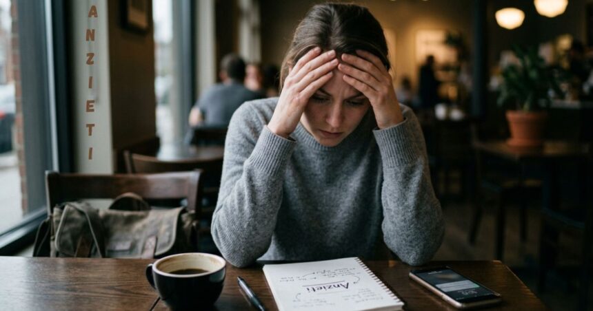 Woman sitting alone in a café with her hands on her head, appearing stressed while looking at a notebook and smartphone beside a cup of coffee.