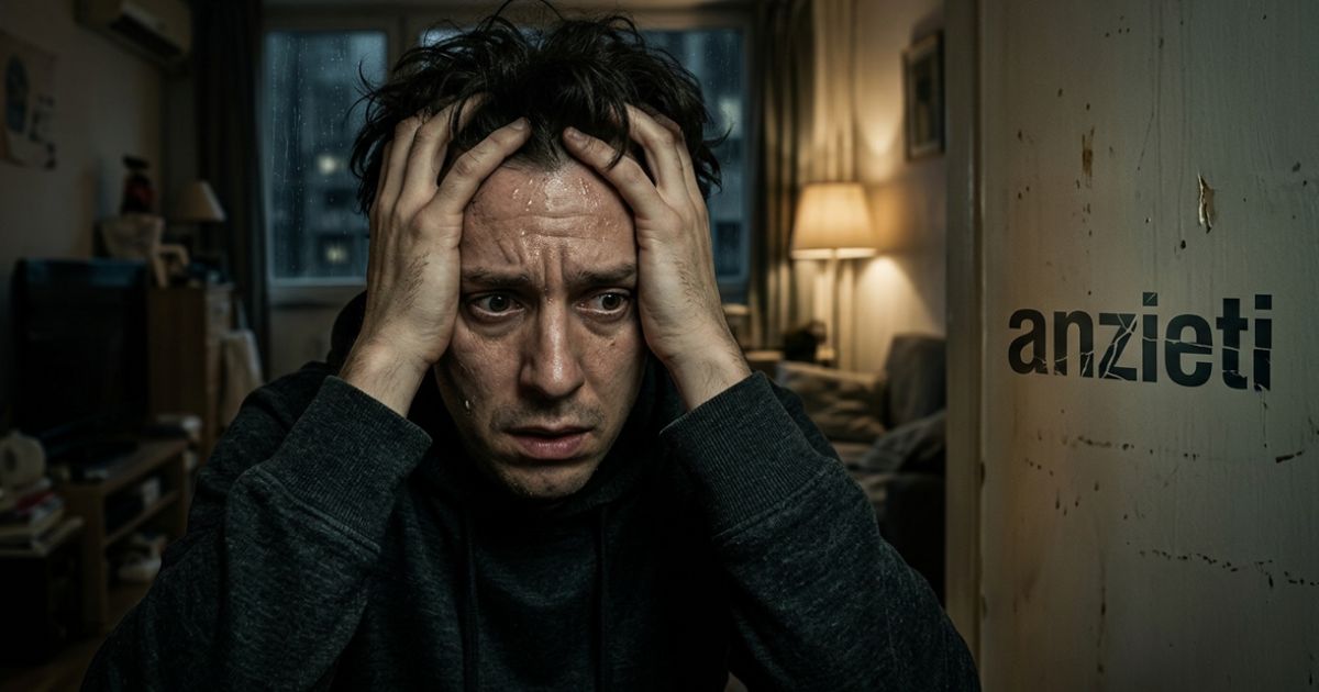 Man sitting indoors with his hands on his head, appearing anxious and distressed in a dimly lit room with the word “anxiety” displayed on the wall.