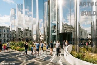 Modern mirrored artwork building with reflective panels, landscaped walkways, and pedestrians in a busy urban plaza.