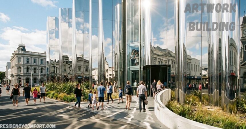 Modern mirrored artwork building with reflective panels, landscaped walkways, and pedestrians in a busy urban plaza.
