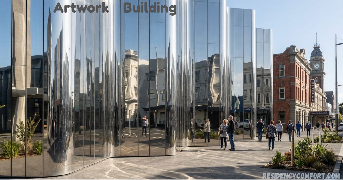Modern exterior of the Artwork Building with curved, mirror-like steel panels reflecting historic brick architecture and passersby along a sunny sidewalk.