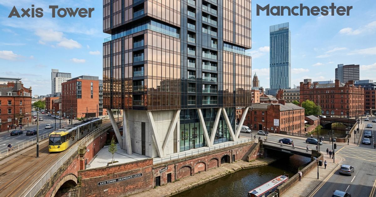 Axis Tower Manchester overlooking Deansgate Locks with tram, canal, and city skyline.