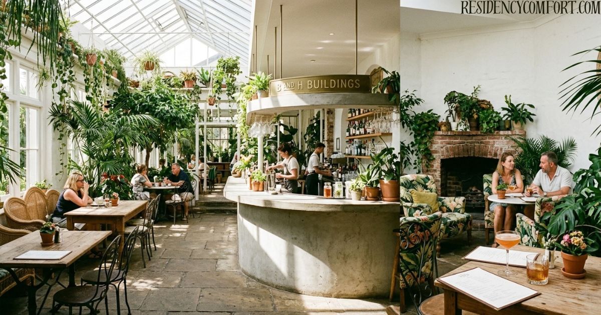 B and H Buildings light-filled conservatory dining area with bar counter and indoor plants.