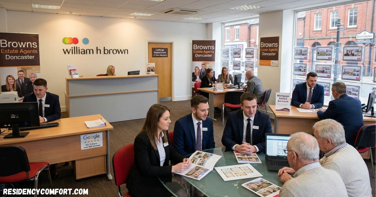 William H Brown and Browns Estate Agents Doncaster office interior with staff assisting clients, reviewing property brochures, and discussing mortgage services.