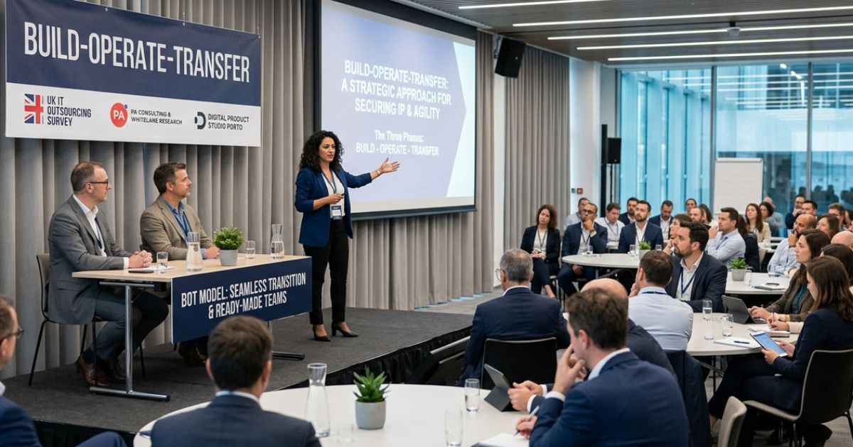 Business conference on the Build-Operate-Transfer model, with a speaker presenting to professionals in a modern meeting room.